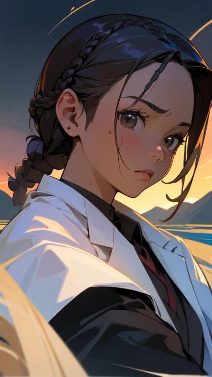 movie poster,single,Most Real,highest resolution,Face resolution,(((Braided hairstyle: 1.5)),SF,Science fiction,Based on the Film Foundation,View from the front,anger,Middle-aged adults,40 year old female,Black single-sided hairstyle,brown eyes,(Reference to White Scientist Set :1.5),Filed in the middle of an open meadow with a breeze,highest quality images