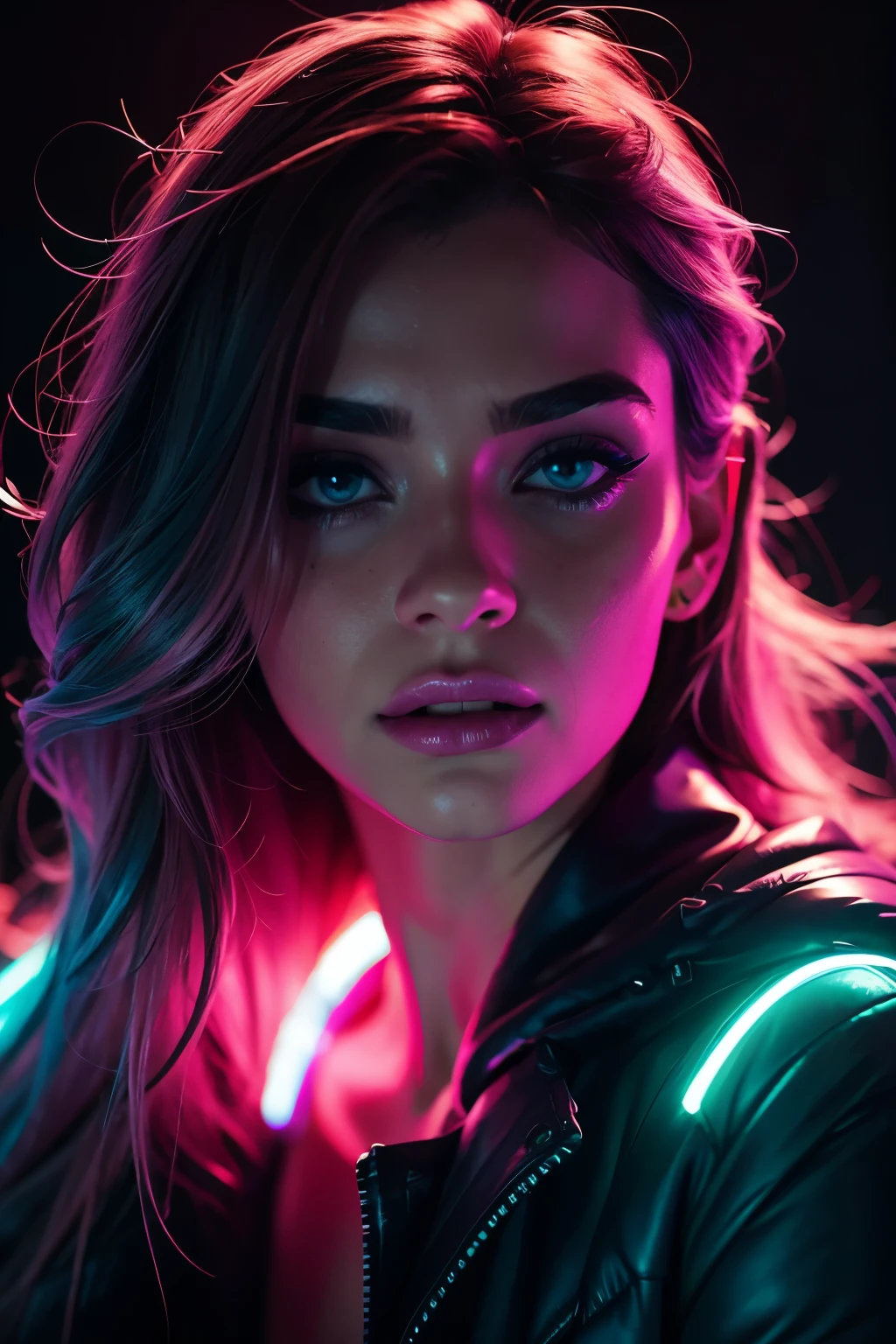 fashion portrait color photograph, woman, neon lights