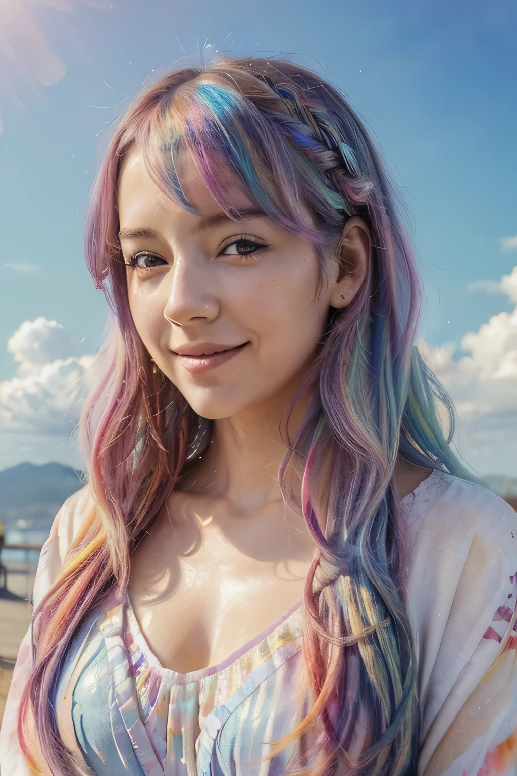 (Masterpiece, Top Quality, Best Quality, Watercolor (Medium), Official Art, Beautiful and Aesthetic: 1.2), (1 Girl: 1.3), (Fractal Art: 1.3), Morning, Good Morning, Smile, Sunny Day, Cheerful, Look Viewer, Pattern, Wave, (Iridescent Hair, Colorful Hair: 1.2), Sky, Gas, Clouds, Colorful, Soap Bubbles