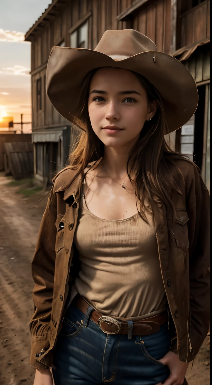 Foto hiperrealista en primer plano de Willa Fitzgerald, masterpiece, best quality, (photorealistic:1.4), (cowboy outfit, jacket over long shirt, dirty pants, cowboy hat) Create dystopian masterpieces. Western theme, dusty atmosphere, wooden buildings, a setting sun casting long shadows, aged and worn costumes, anticipation in the air, intense standoff, empty street, deserted town, beautiful woman, skinny, small breasts, straight brown hair, detailed face, smile, photo taken from a distance, age 20 tears old