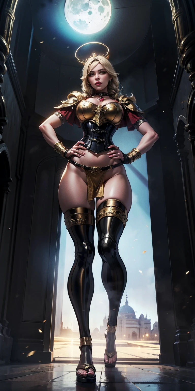 paladin lady in ornate golden armor, black collar, pauldrons, breastplate, corset, glowing halo, single braid, blonde, yellow glowing eyes, bright pupils, eye focus, red cape, temple indoors, stained glass windows, night, moonlight, particles, light beam, chromatic aberration, (full body, whole body. 1solo (girl). slave fighter, loincloth standing, hands on hips full body, whole body. 1solo (girl). slave fighter, loincloth standing, hands on hips, metal sandals, backpack, choker, big belt, view from below, feet together, bracers, tiara)
