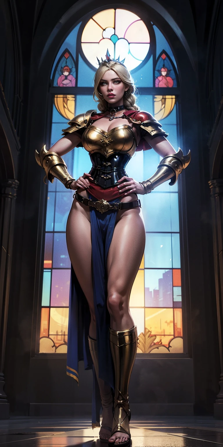 far shot, from below, full body of paladin lady in ornate golden armor, black collar, pauldrons, breastplate, corset, glowing halo, single braid, blonde, yellow glowing eyes, bright pupils, eye focus, red cape, temple indoors, stained glass windows, night, moonlight, particles, light beam, chromatic aberration