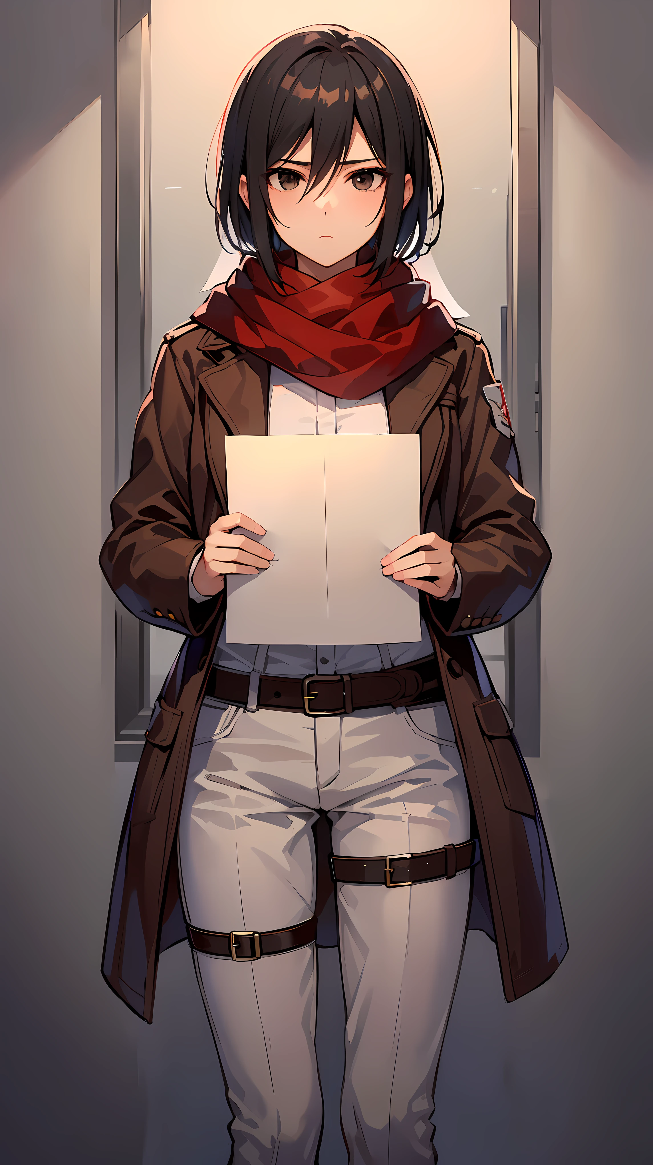 Masterpiece, Best quality, High accuracy, Hamkasa, short hair, Black eyes, scarf, emblem, waistband, waistband الفخذ, red scarf, White pants, Brown jacket, Long sleeves, Cowboy shot, Acquaintance, , ((((He holds a blank sheet of paper and shows it to the viewer))))،
