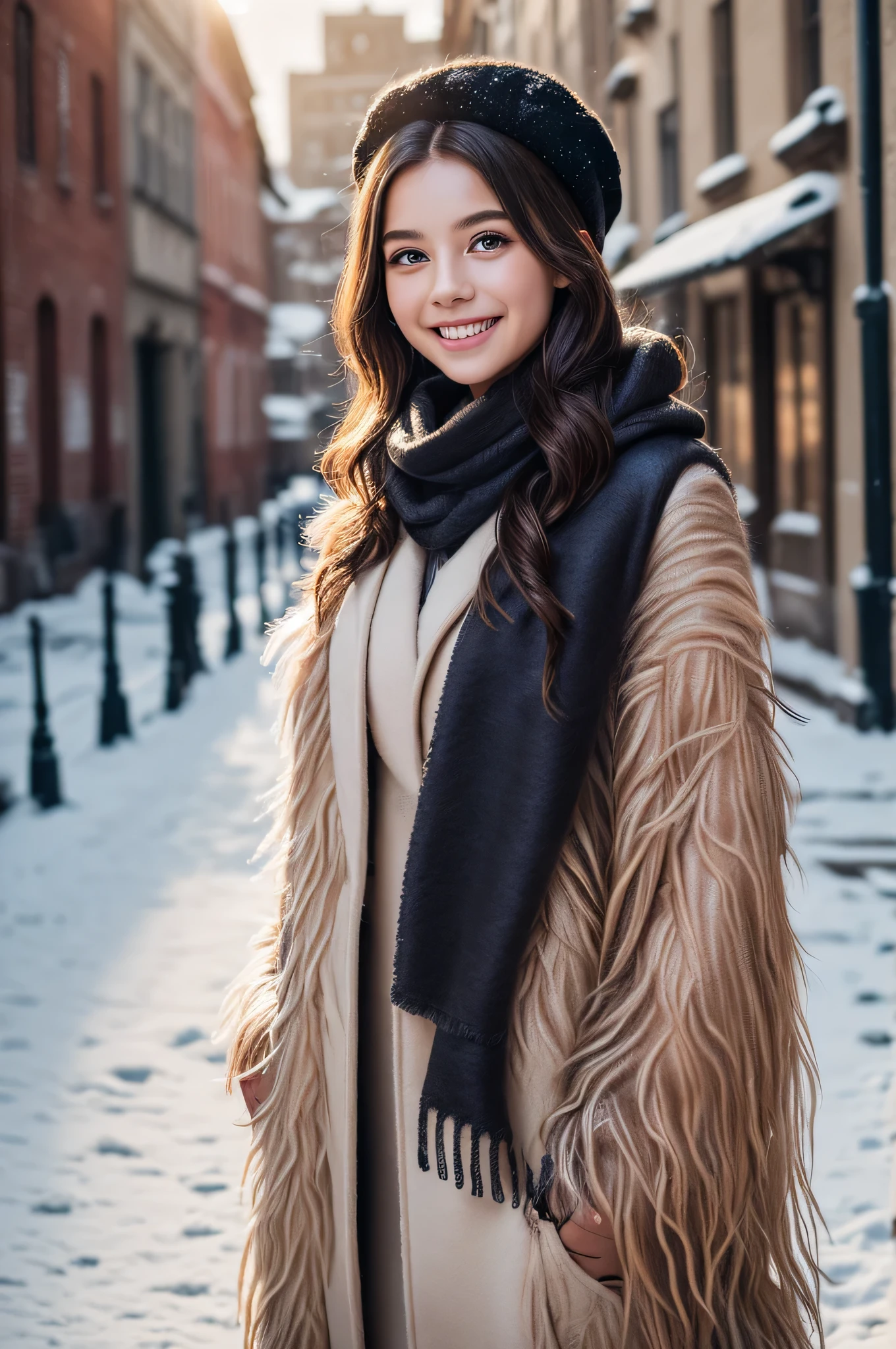 (ung girl), (Ultra realistic), (Stylish long-shaggy mink coat, woolen scarf:1.5), upper body, big smile, laugh innocently, Beret, stylish outfit, (best quality:1.4), Raw photo, (realistic, photo-realistic:1.37), professional photography, cinematic light, outdoors, snowy, stylish cityscape, Clear skies, sunset