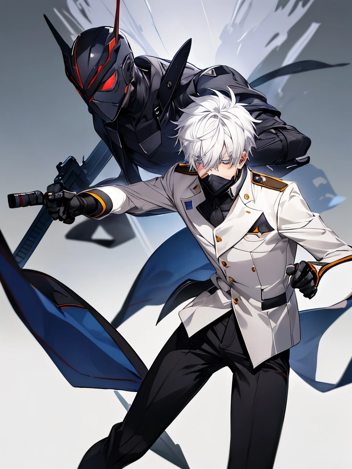 young male teenager, faceless, white hair, uniform, academy, covered face and eyes, disguise, vigilante, combat, fight, weaponz mech Mask, no eyes