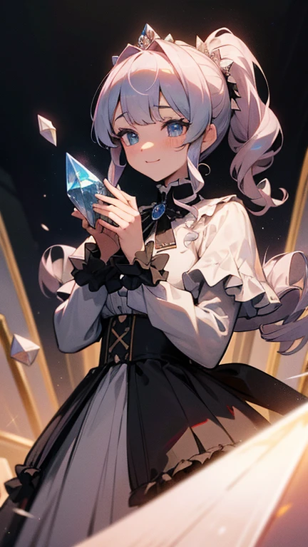 dramatic composition, coat style dress, royal, nice, カスケードfrills, frills, bow, crystal chandelier, roman curly hairstyle, ponette, double ponytail like a drill, look at the camera, bangs, maximalism, palace background, Delicate depiction of hair and eyes, princess dress, nice skirts, flowers in hand, smile, Eyes like the starry sky, cinematic light, extreme detail, High resolution, happy girl, very long hair, diamond, broken diamond, crystal shards, particles of light