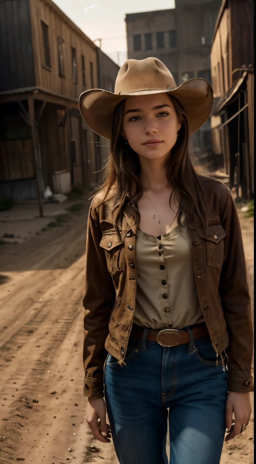 Foto hiperrealista en primer plano de Willa Fitzgerald, masterpiece, best quality, (photorealistic:1.4), (cowboy outfit, jacket over long shirt, dirty pants, cowboy hat) Create dystopian masterpieces. Western theme, dusty atmosphere, wooden buildings, a setting sun casting long shadows, aged and worn costumes, anticipation in the air, intense standoff, empty street, deserted town, beautiful woman, skinny, small breasts, straight brown hair, detailed face, smile, photo taken from a distance, age 20 tears old