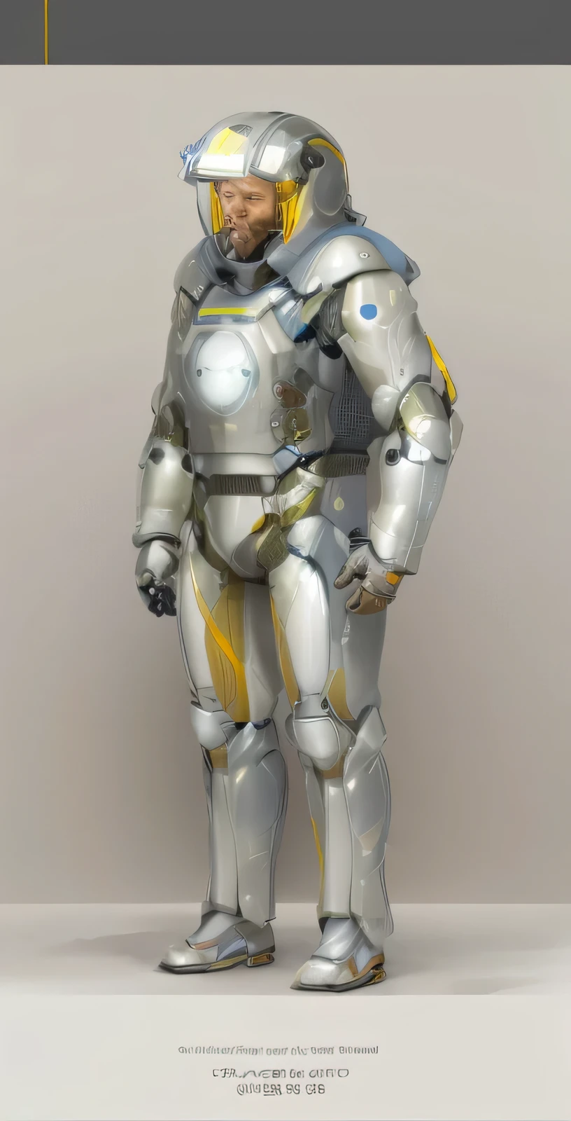 a drawing of a man in a space suit standing with his hands on his hips, metal gear solid concept art, mecha suit, wears a suit of power armor, ( ( character concept art ) ), full body mecha suit, fully space suited, streamlined white armor, full-body armor, maschinen krieger, clear outfit design, detailed full body concept,realism,light yellow coating