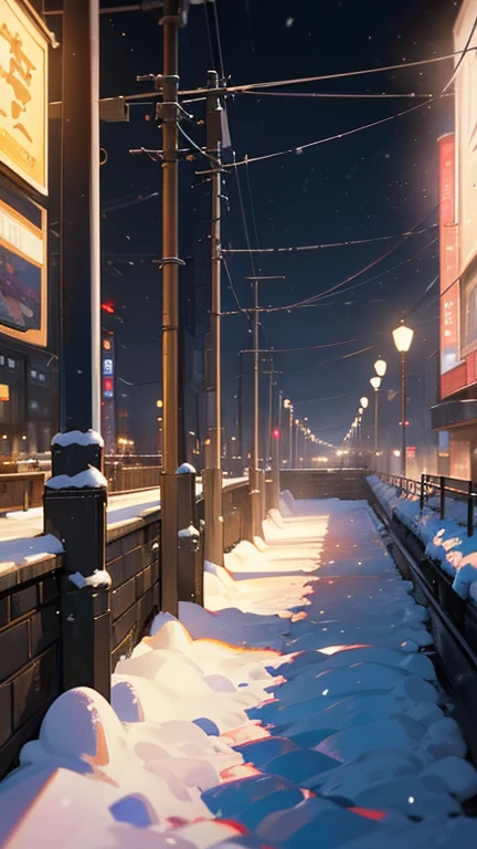(There are no people), unmanned, no one, landscape, winter, Christmas, city, Tokyo, sidewalk, snow, Light, night, HD detail, ultra detail, movie, hyper realism, soft light, Deep focus bokeh, ray tracing, Art Station pixivgwise, makoto shinkai, germ of art