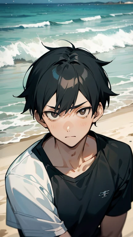 High resolution, Tobio Kageyama ,Haikyuu!!, black hair, alone, maleの子1人, male, beach, Ocean, outside, fine eyes, close, beach volleyball, full face