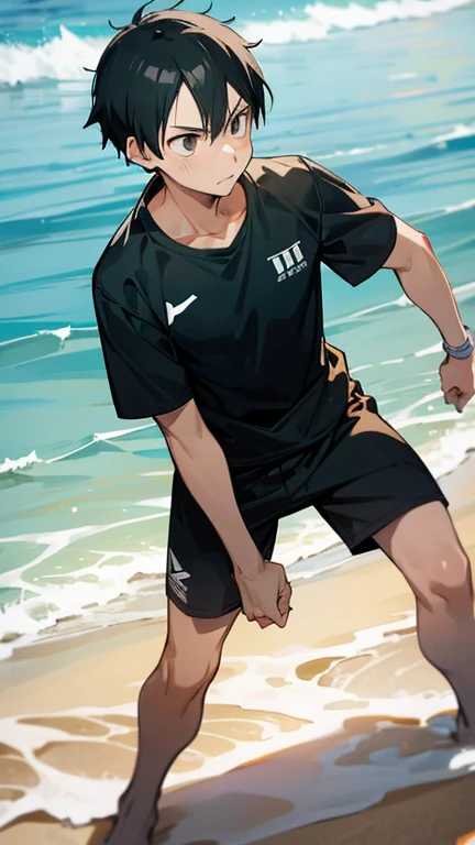 High resolution, Tobio Kageyama ,Haikyuu!!, black hair, alone, maleの子1人, male, beach, Ocean, outside, fine eyes, close, beach volleyball, full face