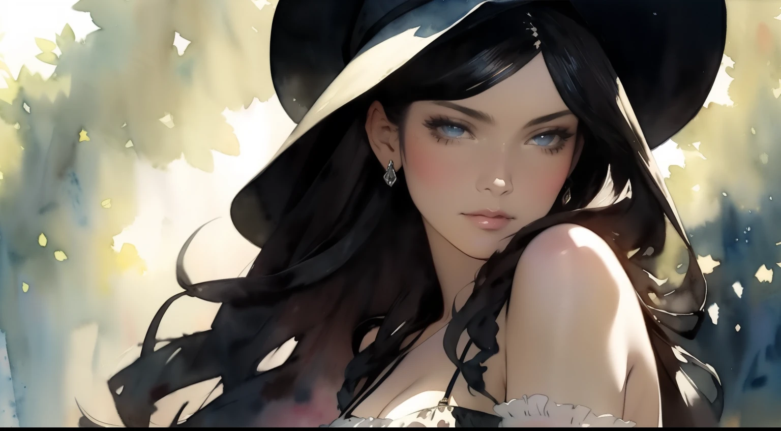 1girl, breasts, solo, pointy_ears, jewelry, hat, long_hair, large_breasts, cleavage, black_nails, one_eye_closed, dress, earrings, white_headwear, ring, bangs, looking_at_viewer, collarbone, witch_hat, hair_between_eyes, necklace, white_hair, ribbon, black_ribbon, upper_body, blue_eyes, elf, closed_mouth, choker, ear_piercing, signature, floral_print, see-through, long_sleeves, sun_hat, cape, very_long_hair, piercing, white_dress, aqua_eyes, , nail_polish, arm_up, gem, blue_gemstone, belt, pendant, fingernails,
<lora:guofeng2:1>