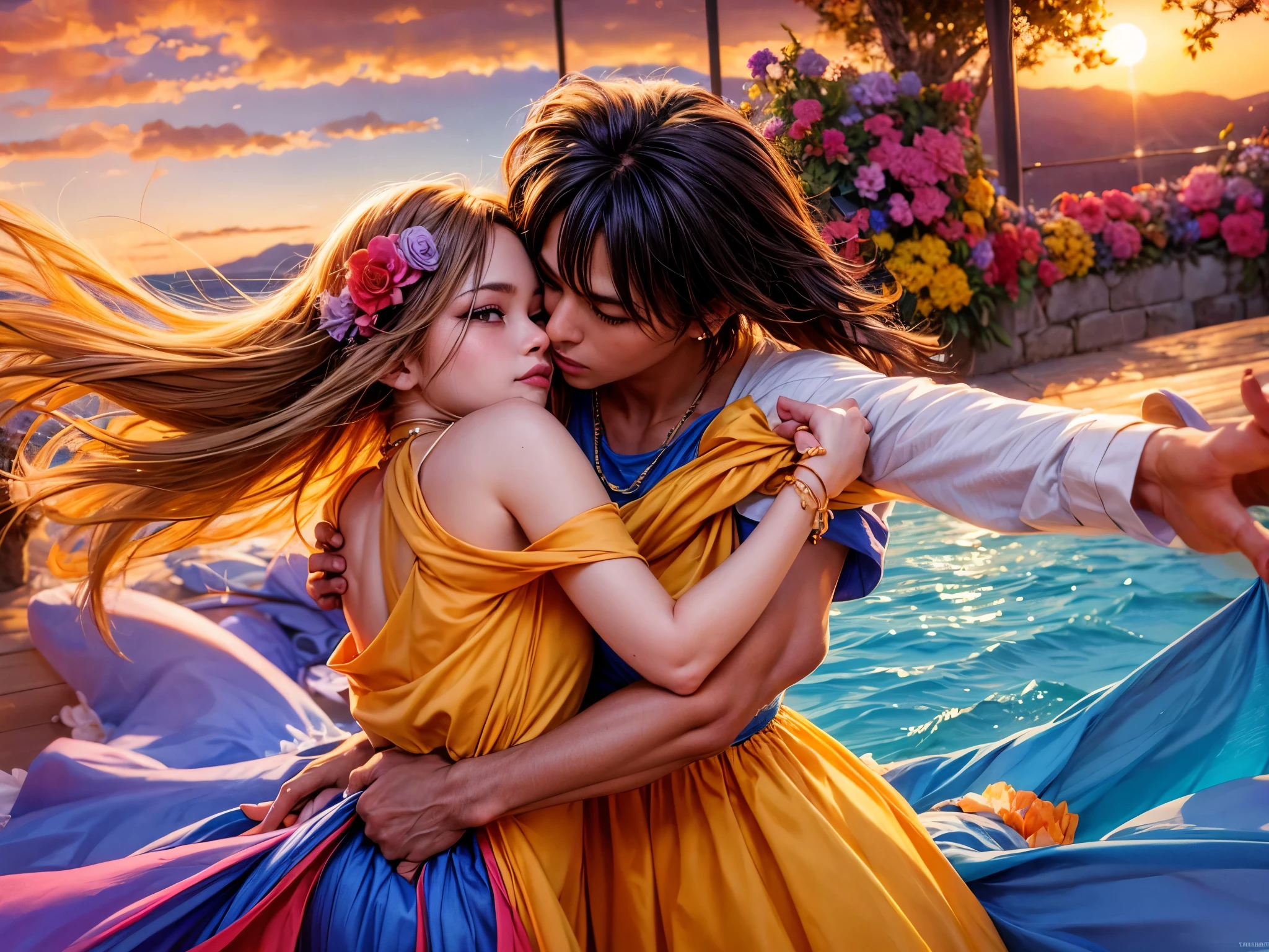 vibrant colors, sunset, couple, dancing, flowers, soft lighting, passionate embrace