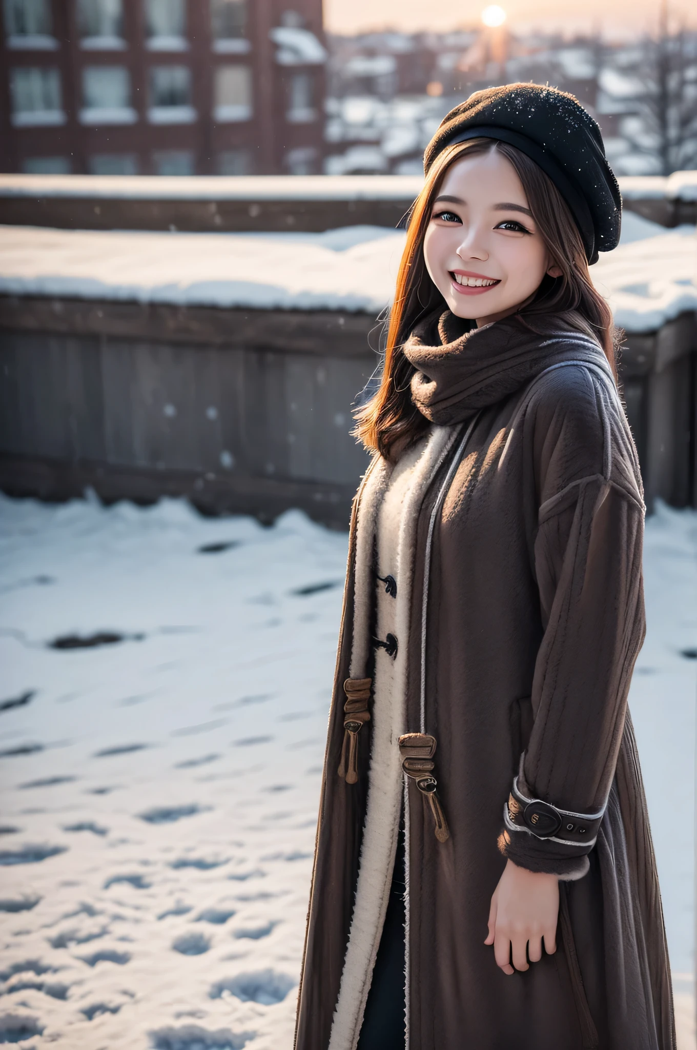 (ung girl), (Ultra realistic), (Stylish long mink coat, woolen scarf:1.5), upper body, big smile, laugh innocently, Beret, stylish outfit, (best quality:1.4), Raw photo, (realistic, photo-realistic:1.37), professional photography, cinematic light, outdoors, snowy, stylish cityscape, Clear skies, sunset