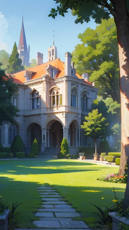 (photorealism), (highest quality, masterpiece, Full of details), Mansion with two towers, many trees, Colorful garden, flower pots, Old mansion, White Stone Road, green grass, blue sky, sunlight, Brown Brick Mansion, Ultra HD
