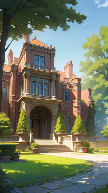 (photorealism), (highest quality, masterpiece, Full of details), Mansion with two towers, many trees, Colorful garden, flower pots, Old mansion, White Stone Road, green grass, blue sky, sunlight, Brown Brick Mansion, Ultra HD