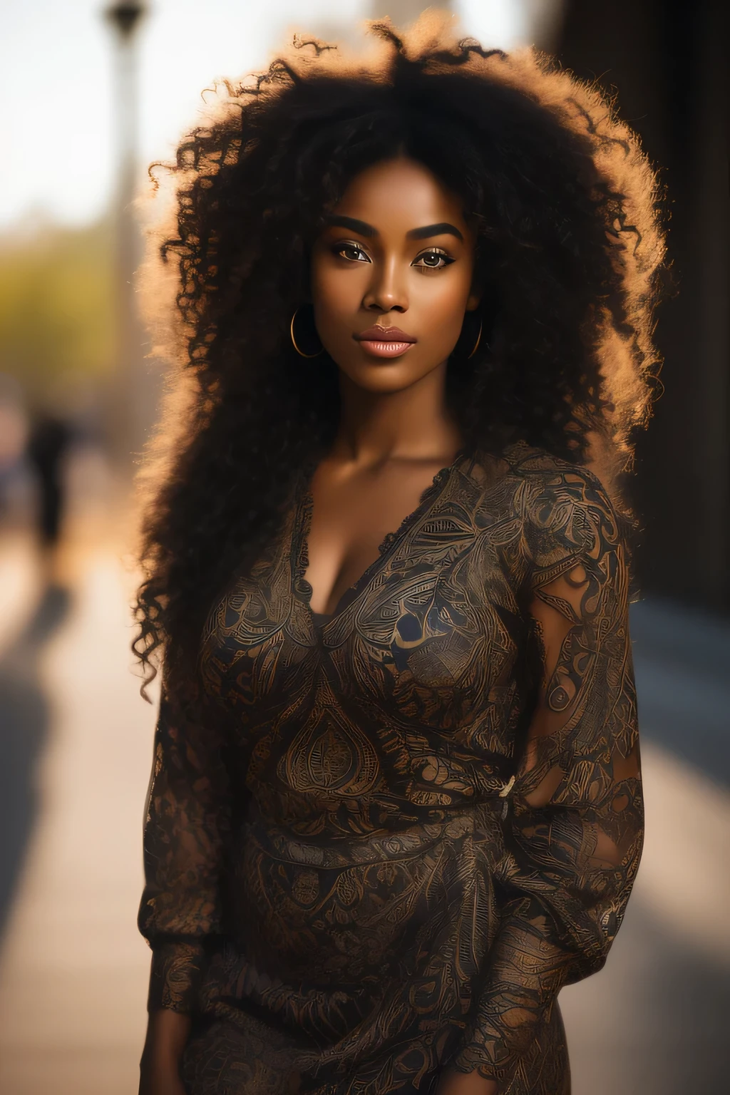 (front view) very detailed photograph of a black woman, dark skin, (with curly hair), (symmetric beautiful face) nice and well defined nose, proportioned and full lips, stunning realistic photography, fit body, fashionable dress, realistic soft color, city background, octane render, intricately detailed, sharp focus, stunning full color, shot on DSLR camera, 32k resolution, best quality, (focus on skin texture)