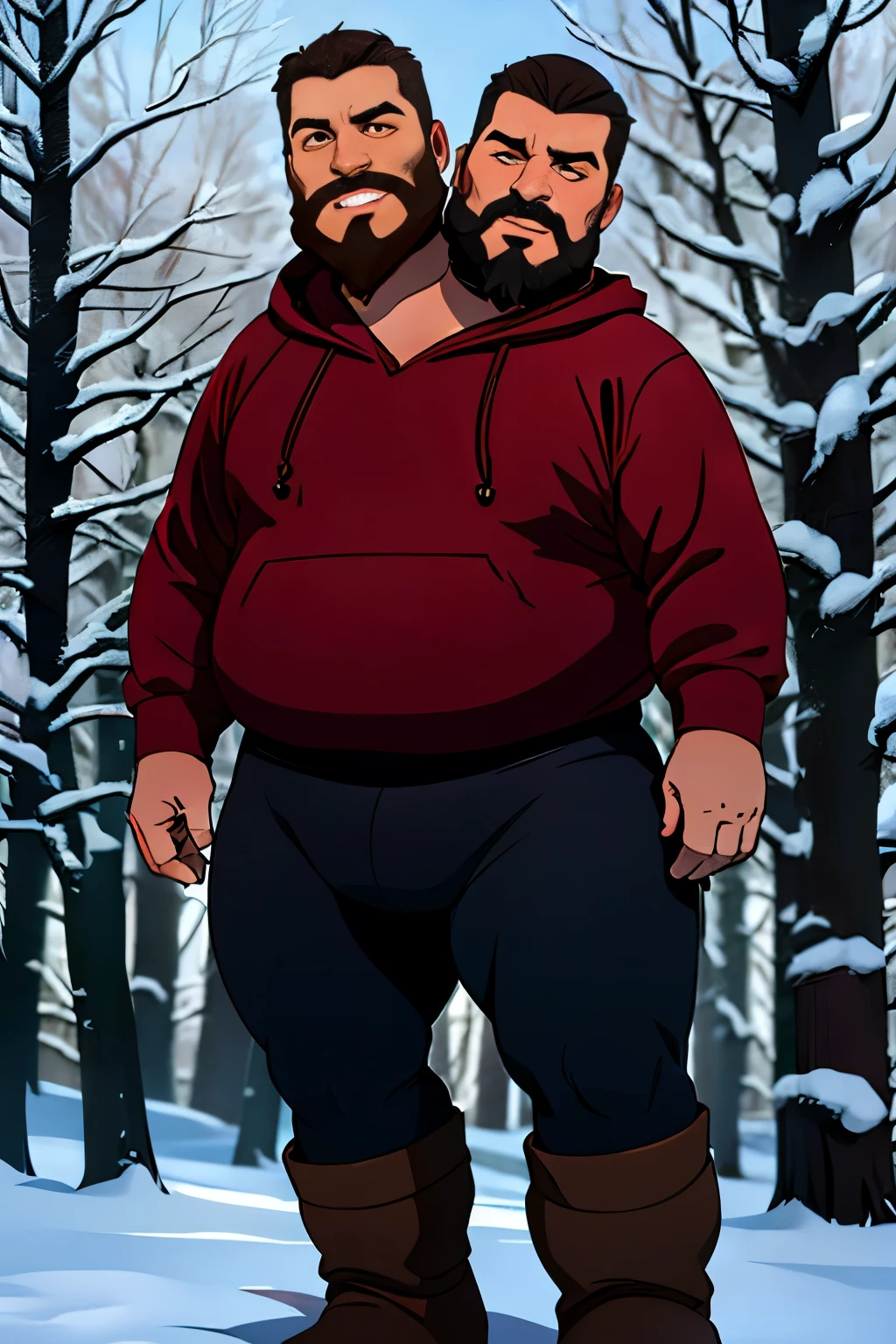 1man, ((:1.5)), 40 years old, (male featurerunette, bears, stubble, fat, middle aged, shared oversized low cut sweater, big ,chubby,overweight,plump,boot,hood,((beard)),snow,posing in front of a frozen forest in alaska as a sasquatch walks by in the background,cold,frozen, winter, yoga pantig bulge)))) , pensive, 8k, photography, realistic, Swedish, conjoined dicephalus, no more than two heads, (((2heads)))