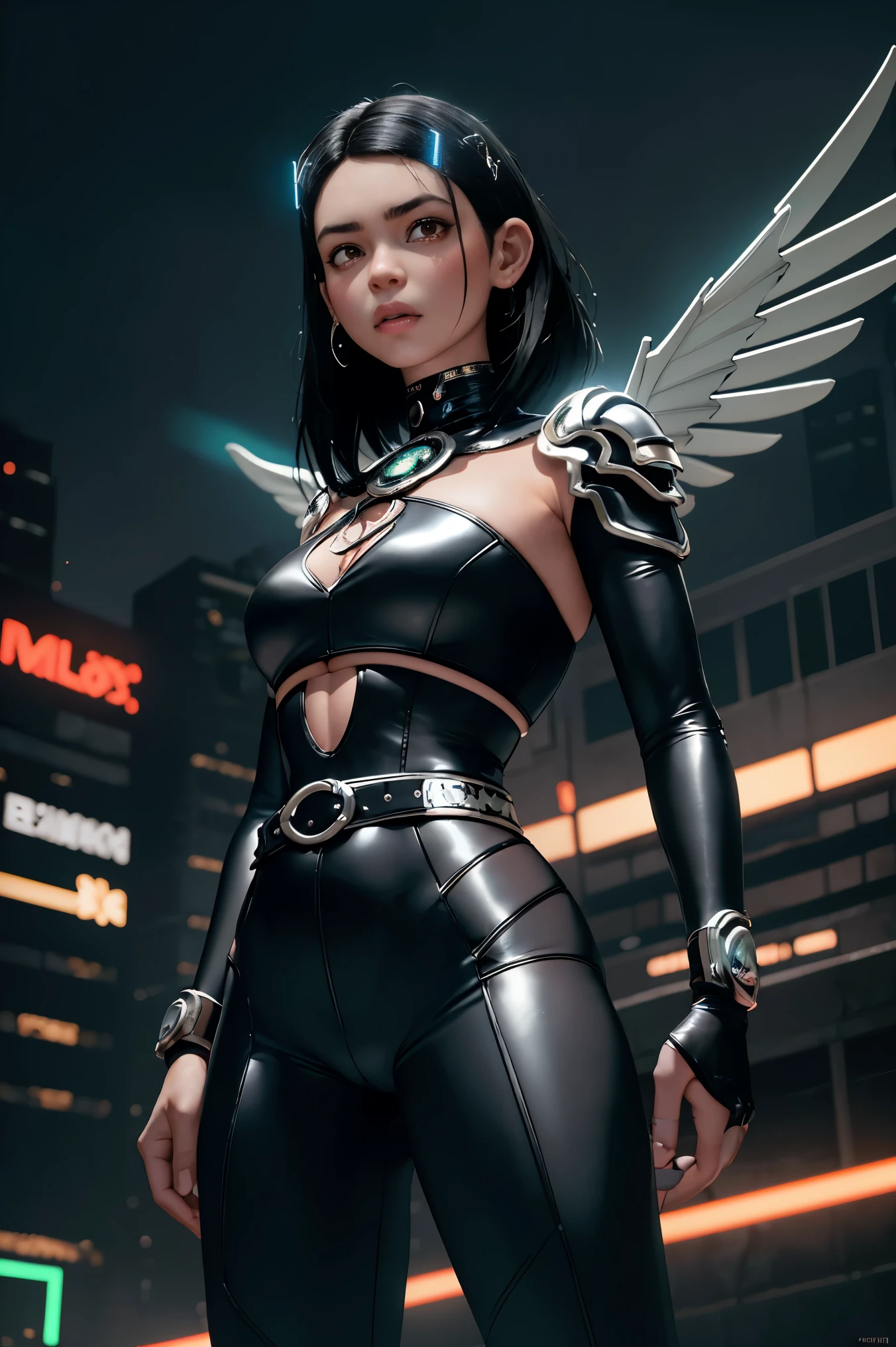 (8k), Rosto altamente detalhado,obra de arte, Bela , gigantescas asas de ciborgue preto, wings have neon lights, asas abertas,, em armadura de metal apertada, metallic belt, Electronic armature elements, 20 anos, a pele abaixo do terno tem linhas brilhantes, cabelo preto na altura dos ombros, um olho ciborgue, Standing, serious expression, cinematic lighting, Queimando a cidade cyberpunk ao longe, peito achatado