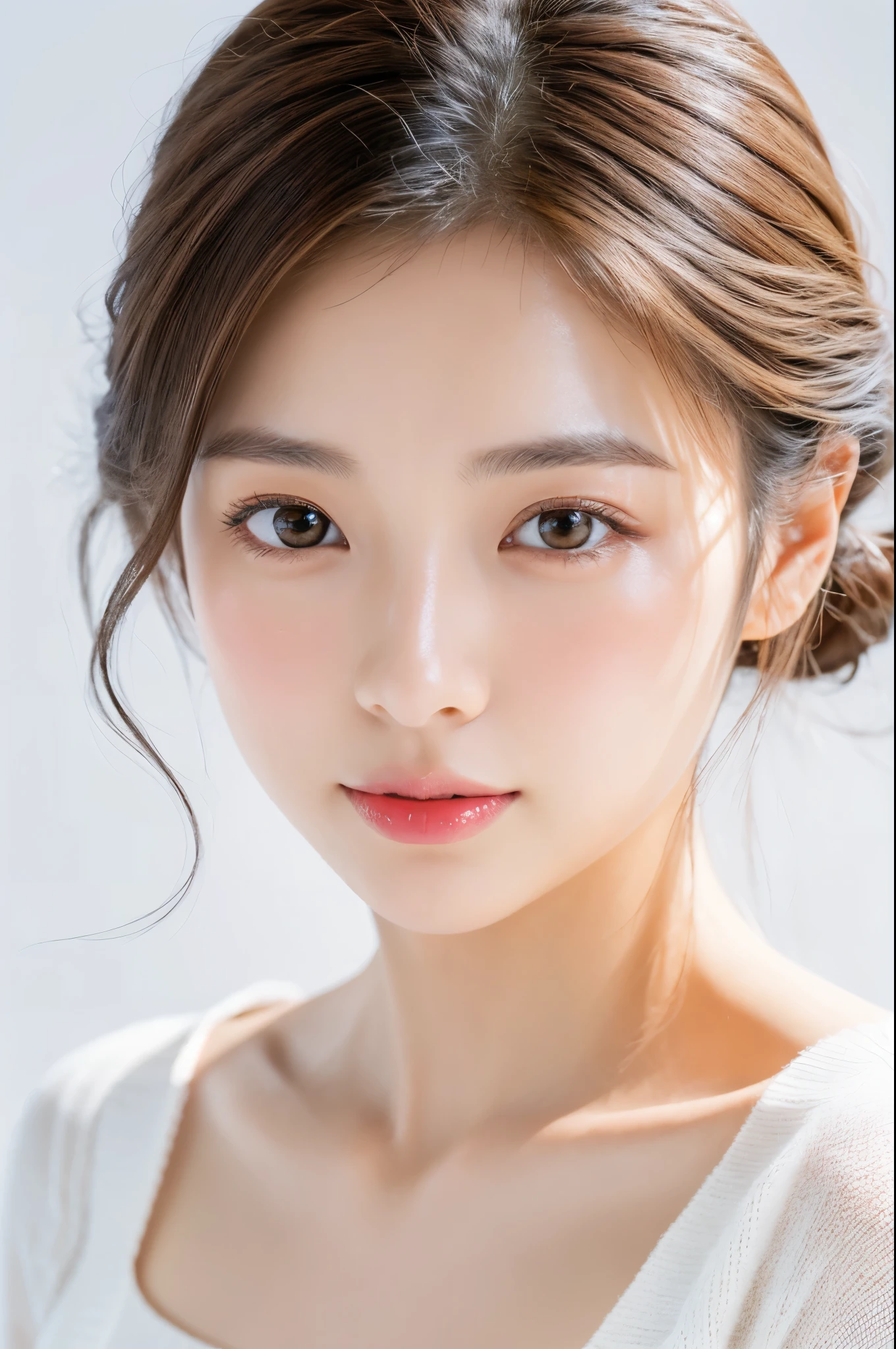 Young japanese lady, 30s, White background, It features a simple背景, white-brown hair, slender, 4K, in 8K, High quality, Beauty, Beautiful eyes, It features a simple, High resolution,1 person,Beautiful skins,Beautiful skin,wearing a white knit,Winters,lipsticks