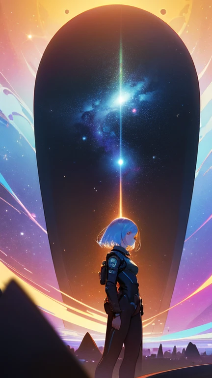 There is a woman standing in front of a picture of a planet, futuristic city in background, psytrance artwork, Interconnected human life forms, Panoramic view of the girl, progressive rock album cover, Endless dreams, stardust, Milky Way, Stoner Rock - AR 16:9-5 o&#39;clock.1