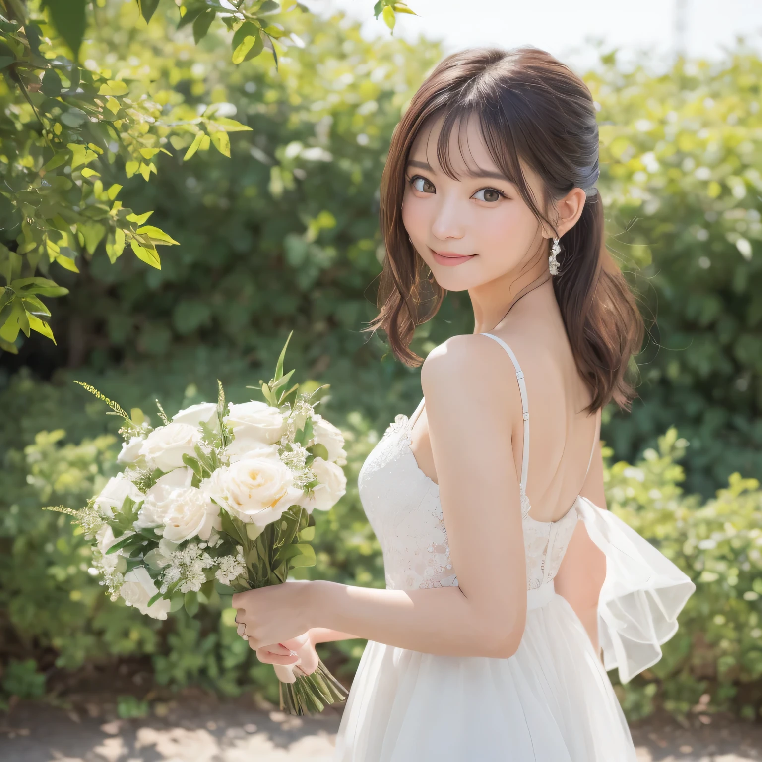 Smile、night、original photography、(((ultimate beauty portrait)))、((sparkling skin))、1 girl、24 year old beautiful girl from Prague、bright expression、((brown hair))、((Big eyes sparkling like gems))、、pantyhose、Glowing and radiant skin、(medium hair)、(silk ponytail)、(standing)、(from below)、under skirt、(from below看内衣的特写)、Eyeliner、beautiful bangs、hair between eyes、((masterpiece、top quality、Super detailed、movie light、intricate details、high resolution、Very detailed))、background for this、8 kood、digital SLR、soft light、high quality、film grain、富士XT3 、shallow view deep、natural soft light、Kamimei、Above the legs、whole body、 Rear view、Holding a bouquet of flowers