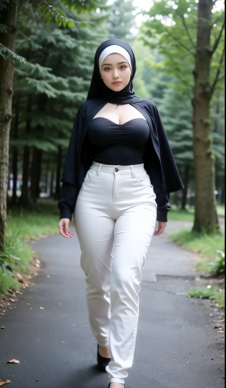 ((best quality)), ((masterpiece)), (detailed), perfect face, arafed woman in a blue hijab walking down a path, in the forest, in forest, intriguing outfit, revealing clothes, in woods, white hijab, in a forest, in the countryside, in the park, in a park, revealing outfit, wide hips, in the woods, skinny waist and thick hips, generous cleavage open jacket, breasts covered and sfw