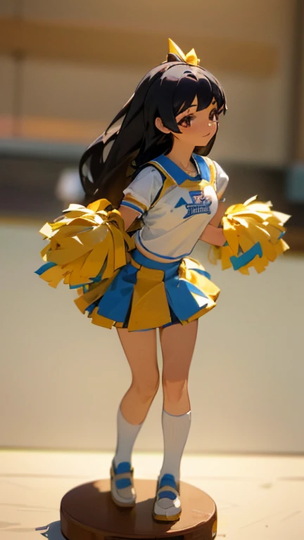 Cheerleader,small smile,cheer leading,Cheerleader uniform, (((masterpiece))), (((highest quality))), ((super detailed)), (figure), ((very delicate and beautiful)),(Bokeh,blurred background),(best shadow), 1 girl,white panties, black hair, long hair, cute,cute,change, Shine Highlight spots above the eyes, character focus,head tilt,