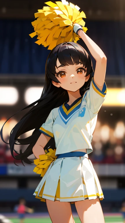 Cheerleader,small smile,cheer leading,Cheerleader uniform, (((masterpiece))), (((highest quality))), ((super detailed)), (figure), ((very delicate and beautiful)),(Bokeh,blurred background),(best shadow), 1 girl,white panties, black hair, long hair, cute,cute,change, Shine Highlight spots above the eyes, character focus,head tilt,