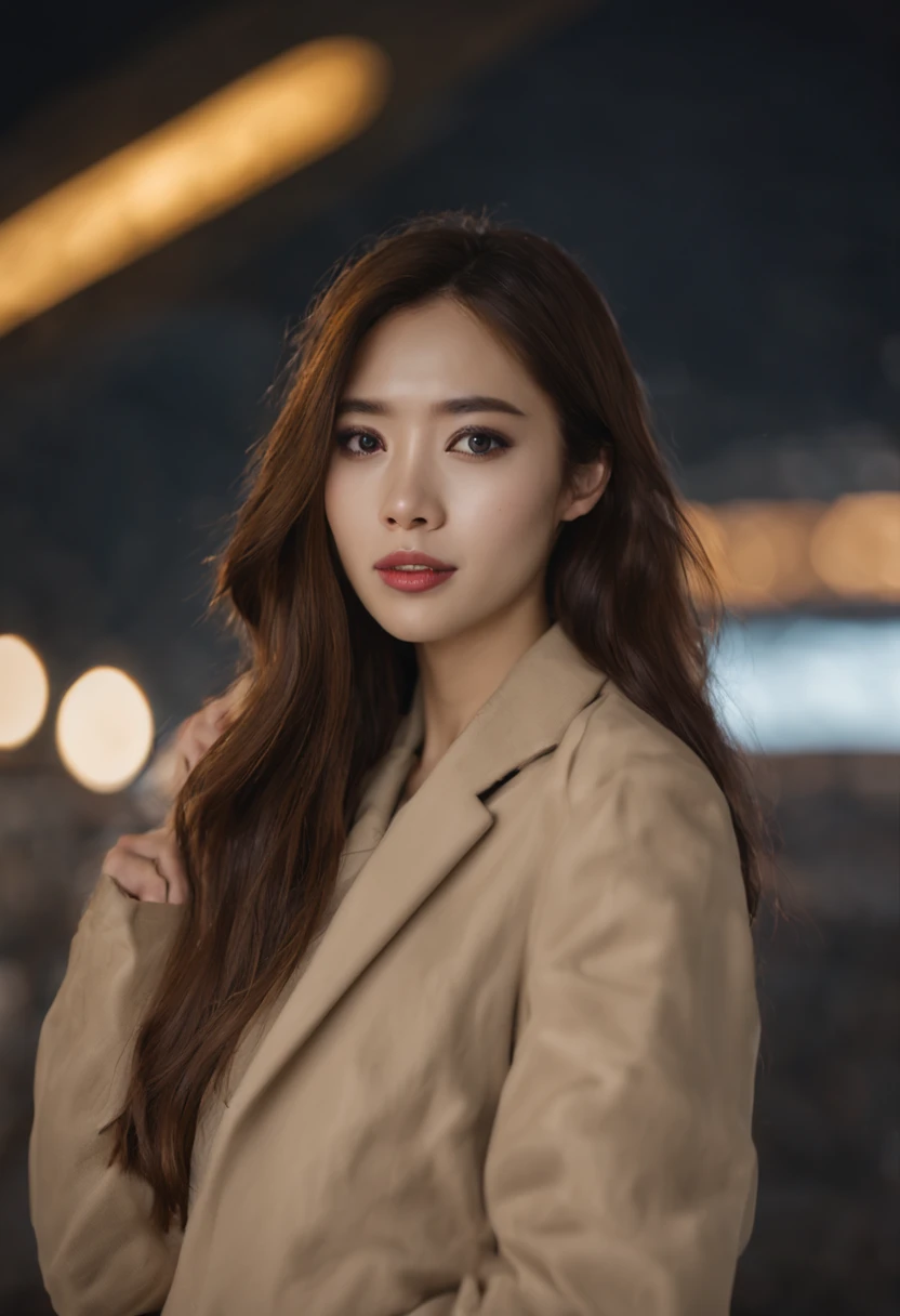 1 woman、Early 20's、(A strong-willed super beauty)、(very beautiful face)、(detailed face)、putting on makeup、wavy brown hair、christmas snowy night、Standing on the metropolitan area platform、The background is a stationary train、shallow depth of field