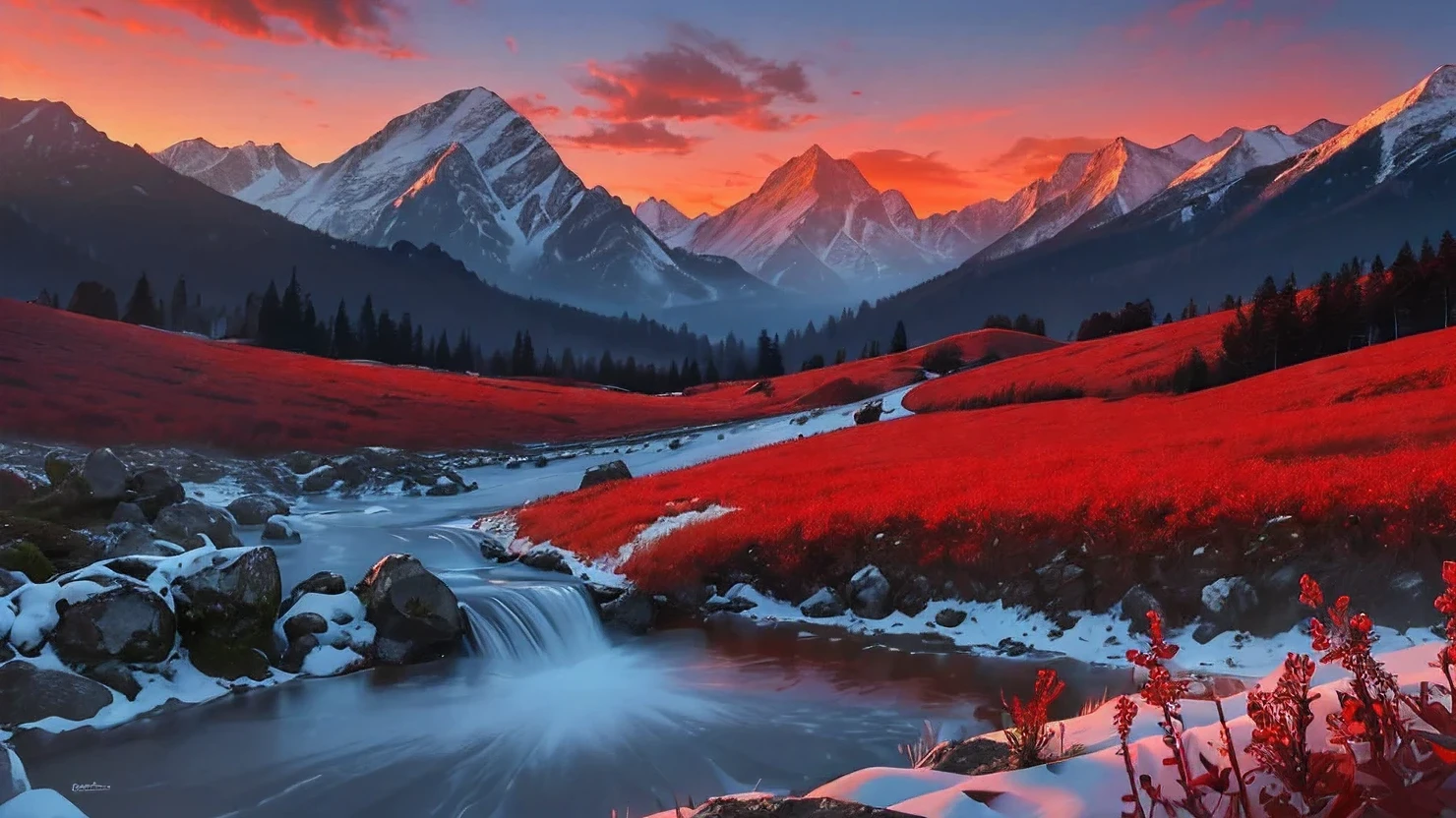 ((masterpiece:1.4,best quality)), cloud,  outdoors
(mountains), spring glade, scenery, sky, winter,
(early morning:1.4),morning red, high detail, abundant, 8k, high detail, wallpaper,
