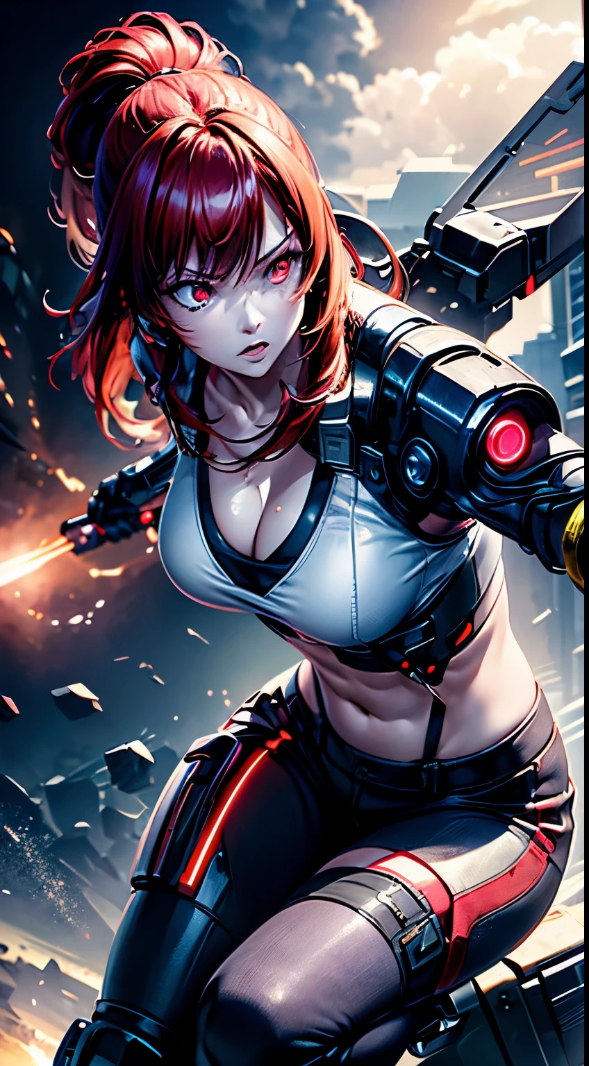 top-quality、​masterpiece、超A high resolution、(Photorealsitic:1.4)、女の子1人、bright red hair、Straight hair, shiny and clean hair、White shiny skin、Sexy Cyberpunk Girl、((super realistic details))、Shadow、octan render、ultrasharp、hyperdetailed face、Fiberglass、Luminous tube、highly intricate detail、Realistic light、CGSoation Trends、(red eyes)、(Facing the camera)、neon details、Mechanical limbs、Mechanical vertebrae attached to the back、mechanical cervical attaching to neck、Wires and cables connecting to the head、((valkyrie))、((Beam Cannon))、Combat stance、((seductive pose:0.8))、full body、glaring、