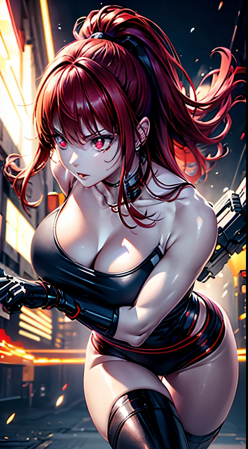 top-quality、​masterpiece、超A high resolution、(Photorealsitic:1.4)、1人、bright red hair、Straight hair, shiny and clean hair、White shiny skin、Sexy Cyberpunk Girl、((super realistic details))、Shadow、octan render、ultrasharp、hyperdetailed face、Fiberglass、Luminous tube、highly intricate detail、Realistic light、CGSoation Trends、(red eyes)、(Facing the camera)、neon details、Mechanical limbs、Mechanical vertebrae attached to the back、mechanical cervical attaching to neck、Wires and cables connecting to the head、((valkyrie))、((Beam Cannon))、Combat stance、((seductive pose:0.8))、full body、glaring、