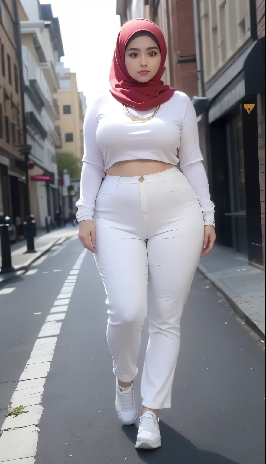  woman in a brown top and white pants walking down a street, , t-shirt clothes, hyper realistic full figure, women full body, thicc, t-shirt, chubby hips, alluring plus sized model, nun fashion model, hijab, plus size woman, attractive feminine curves, hijab, plus size, chubby cheeks, detailed face, beauty, beautyful hijabi, good vibes, hyper realistic resolution, wearing red sneakers shoes, wearing a necklace, chubby cheeks,