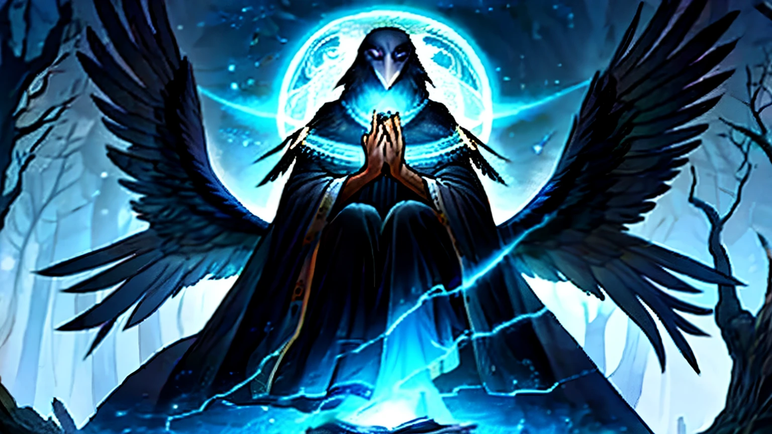 Wise Crow perched atop an ancient, carvalho retorcido, your feathers as black as the deepest night, still glowing with a subtle glow whenever the luminescent flowers at the base of the tree cast their ethereal light upon it. Suas asas, impressionante e majestoso, spread out behind him, creating an air of imposing and mystical presence. Os olhos profundamente intrigantes do corvo, wrapped in perpetual wisdom, held a gaze that spoke of an understanding that transcended mere words. Quando ele pronunciou seu suave, voz transcendente, Carried the weight of countless ages, ressoando com a sabedoria de todos os tempos.