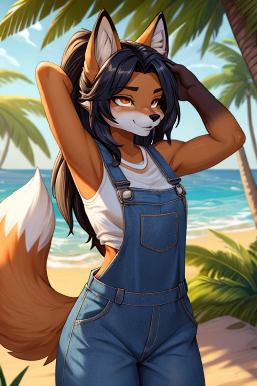 Ari, Ari_(League_from_Legends), 1 girl, absurdity, animal_ears, black_hair, isolated_handва, Paradise, facial treatment_mark, fox_ears, fox_tail, hand_up, a high resolution, League_from_Legends, long_hair, overalls, magic, kimi_tails, white_tails, orange_eyes, broke up_lips, One, standing, tail, full_Body, Hands behind your back