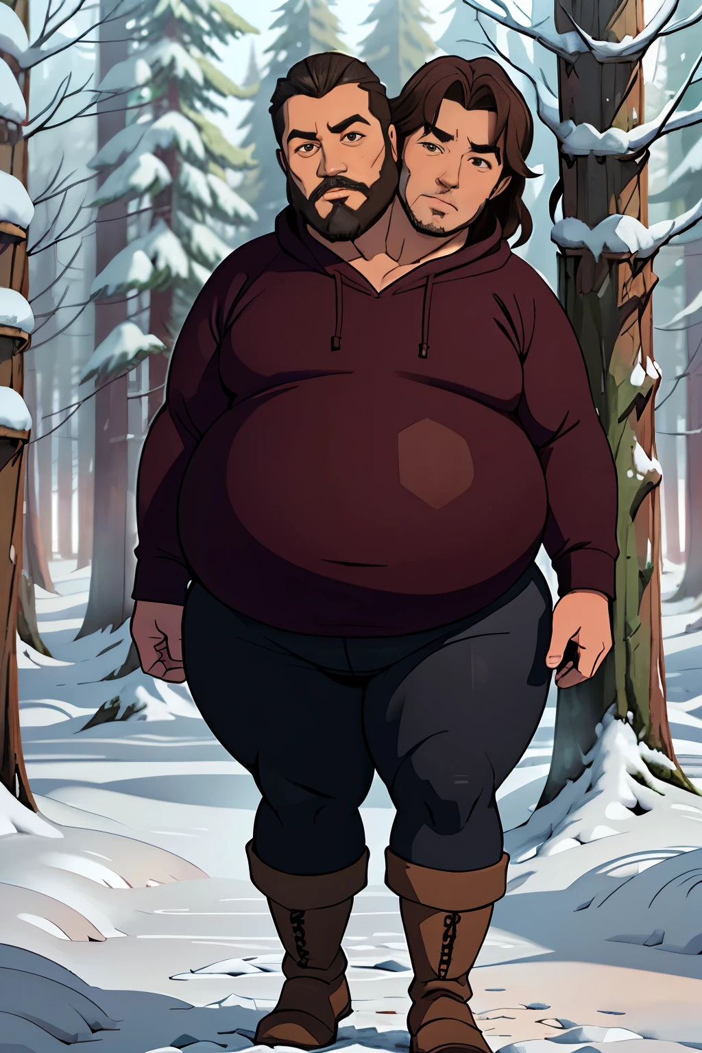 1man, ((:1.5)), 40 years old, (male featurerunette, bears, stubble, fat, middle aged, shared oversized low cut sweater, big ,chubby,overweight,plump,boot,hood,((beard)),snow,posing in front of a frozen forest in alaska as a sasquatch walks by in the background,cold,frozen, winter, yoga pantig bulge)))) , pensive, 8k, photography, realistic, Swedish, conjoined dicephalus, no more than two heads, (((2heads)))