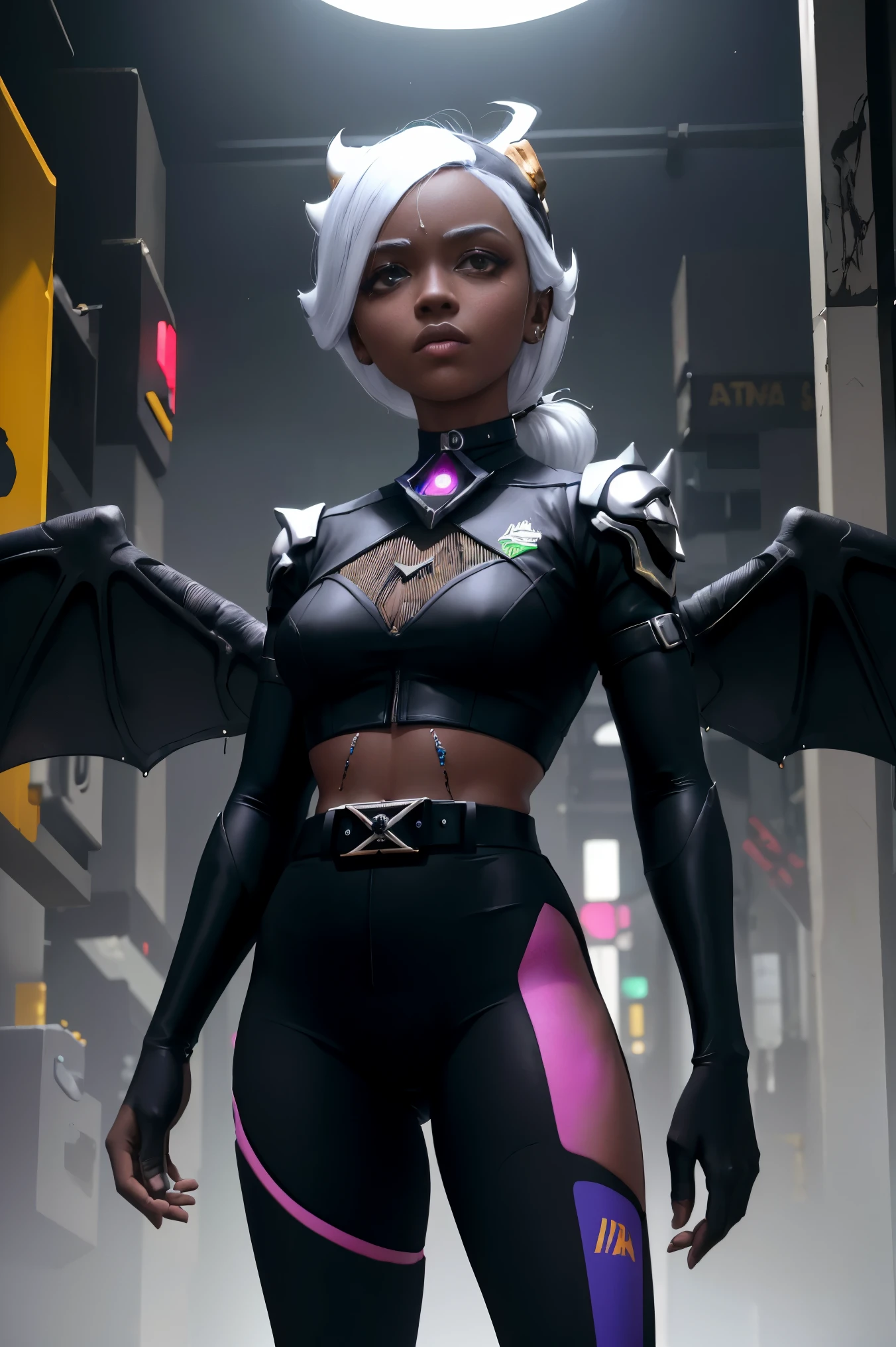 (8k), Rosto altamente detalhado,obra de arte, Bela , gigantescas asas de ciborgue preto, wings have neon lights, asas abertas,, em armadura de metal apertada, metallic belt, Electronic armature elements, 20 anos, a pele abaixo do terno tem linhas brilhantes, cabelo preto na altura dos ombros, um olho ciborgue, Standing, serious expression, cinematic lighting, Queimando a cidade cyberpunk ao longe, peito achatado