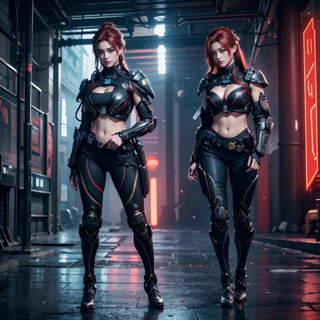 (((full body photo))) (((3girl))),  high high quality,A high resolution,masterpiece,8K,(Hyperrealistic photos),(Portrait),digital photography,(真实感:1.4),20岁女孩,exquisite facial features,a purple eye,Red Eyeshadow,((Cyberpunk-style police officer)),Random hairstyles,(red tinted hair),Big breasts,Cleavage,(An open police uniform with a mix of sci-fi and realistic style,With an open chest,Combat uniforms,Openwork design,power armour,Metal shoulder pads,complex clothing patterns,Exquisite police badge),(Show navel),Keep your mouth shut,Frowning,ssmile,Cold and serious,extremely detailed expression,realistic detail,Light magic,Photo pose,oc render reflection texture