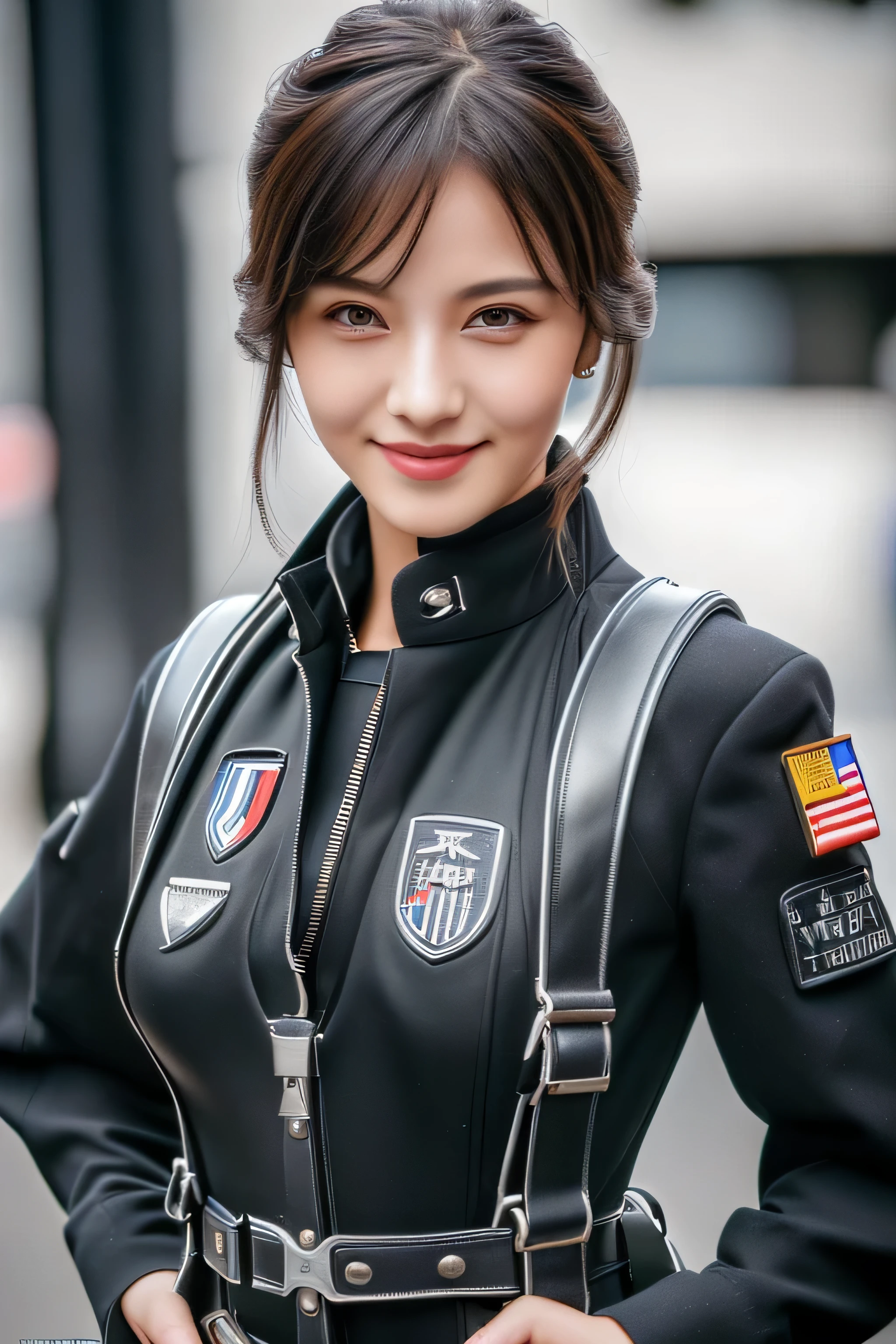 (Best Quality, Masterpiece, Ultra High Definition, High resolution, highly detailed, High Definition Face, clear pictures, HDR:1.5), 1 girl, (wearing futuristic military outfit), (glamour body, huge Breasts:1.2, ), (futuristic military outfit like black mechanic suit, military harness), background city street, kind smile, violently fluttering hair, 