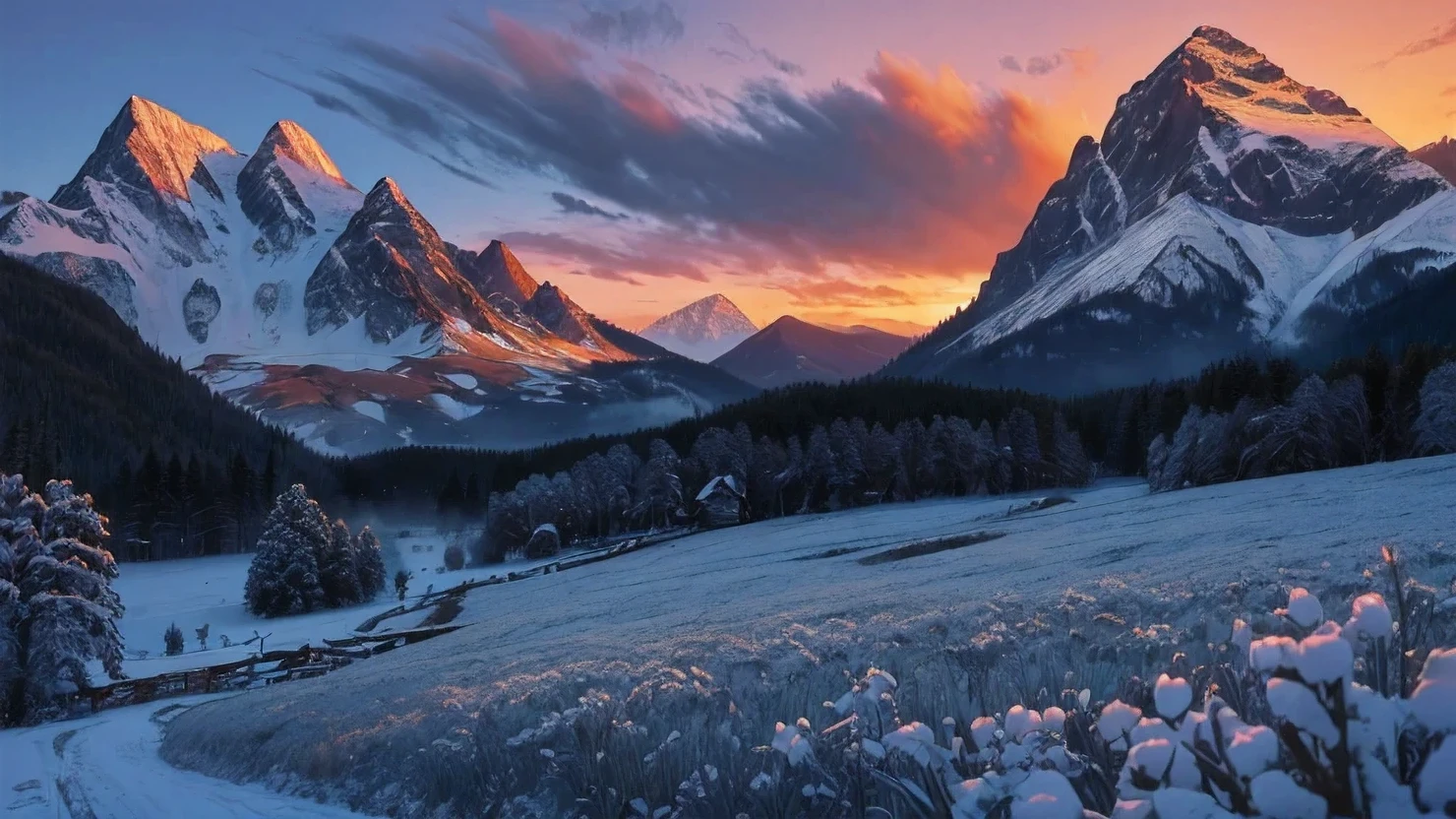 ((masterpiece:1.4,best quality)), cloud, outdoors
(mountains), spring glade, scenery, sky, winter,
(early morning:1.4),sunset high detail, abundant, 8k, high detail, wallpaper,