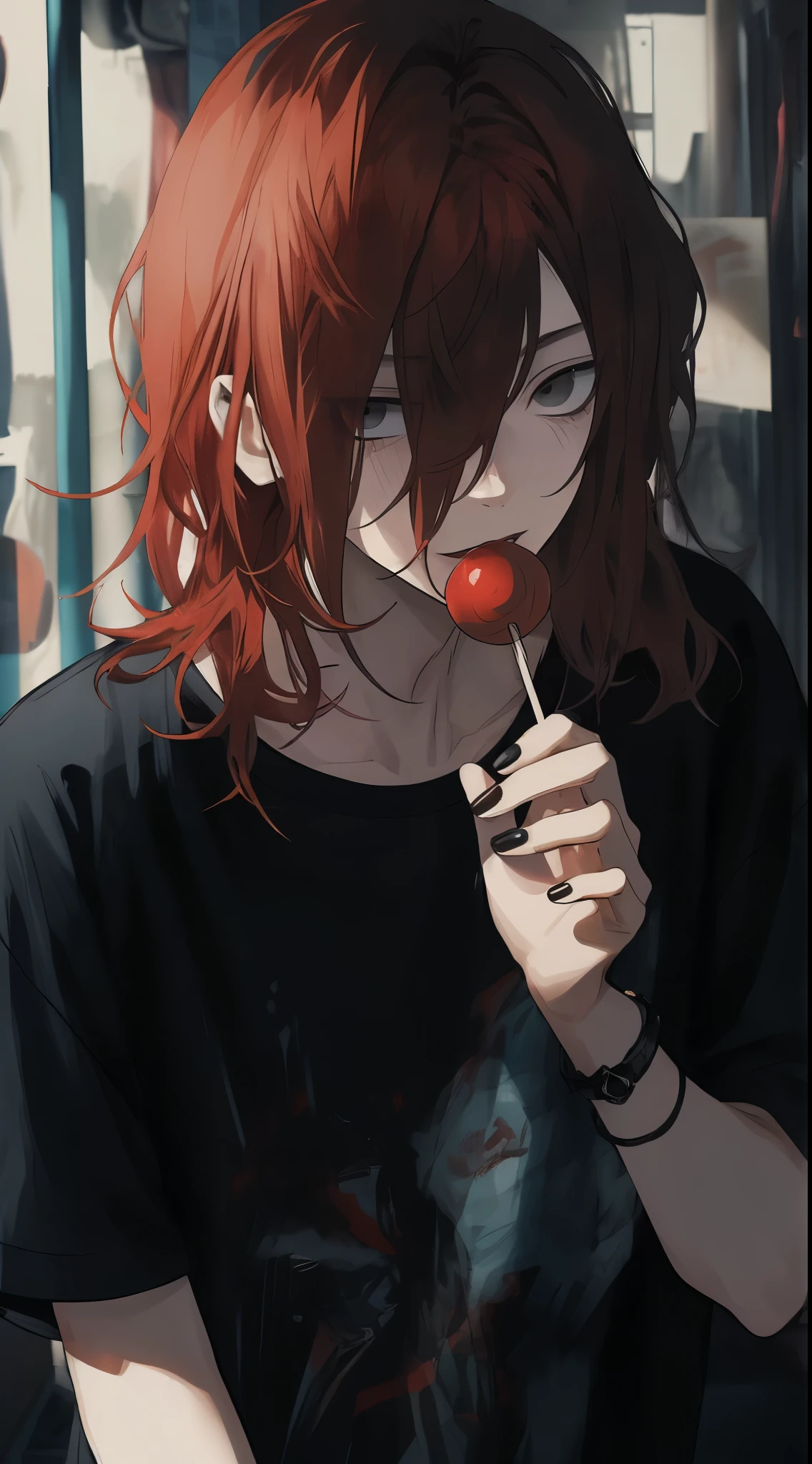((gray eyes)), thick lips, Beautiful young man, red hair, shoulder length hair, slit eyes, lollipop, black casual clothes, monotone room,high quality, amount of drawing, pixiv illustration