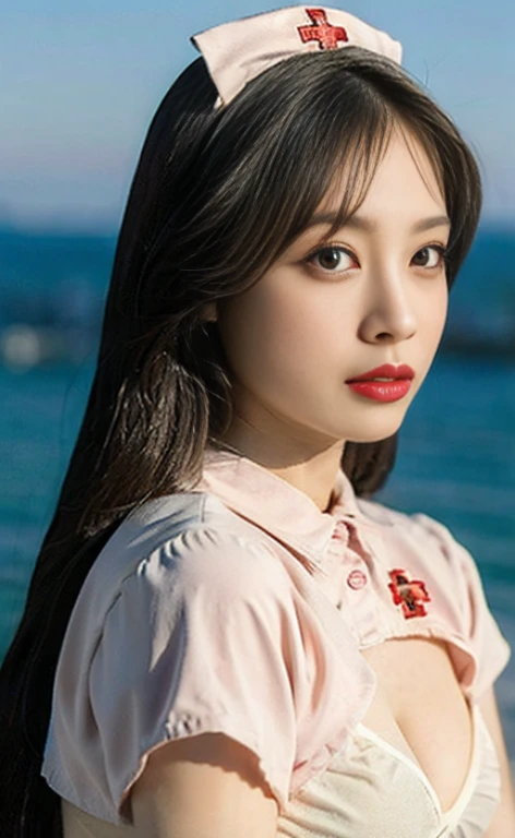 NSFW、highest quality,realistic,8K,film quality,High resolution,(portrait:0.6),Depth of bounds written,(sea background:1.2),Are standing,outdoor、
1 girl,(straight_hair),shoulder-length hair,(skin dents),(closed mouth:1.5),(delicate makeup,red lips,Silkworm lying down,eyeliner,鬠红),big breasts,shiny skin,white skin,wide ass,(thin waist:1.6),
looking at the viewer,realistic,Facial brightening,Auxiliary light,rewrite,Pueros face_v1:1,See-through,prisoner of war_nurse,show off nipple、breast focus、full body、bare breast、topless