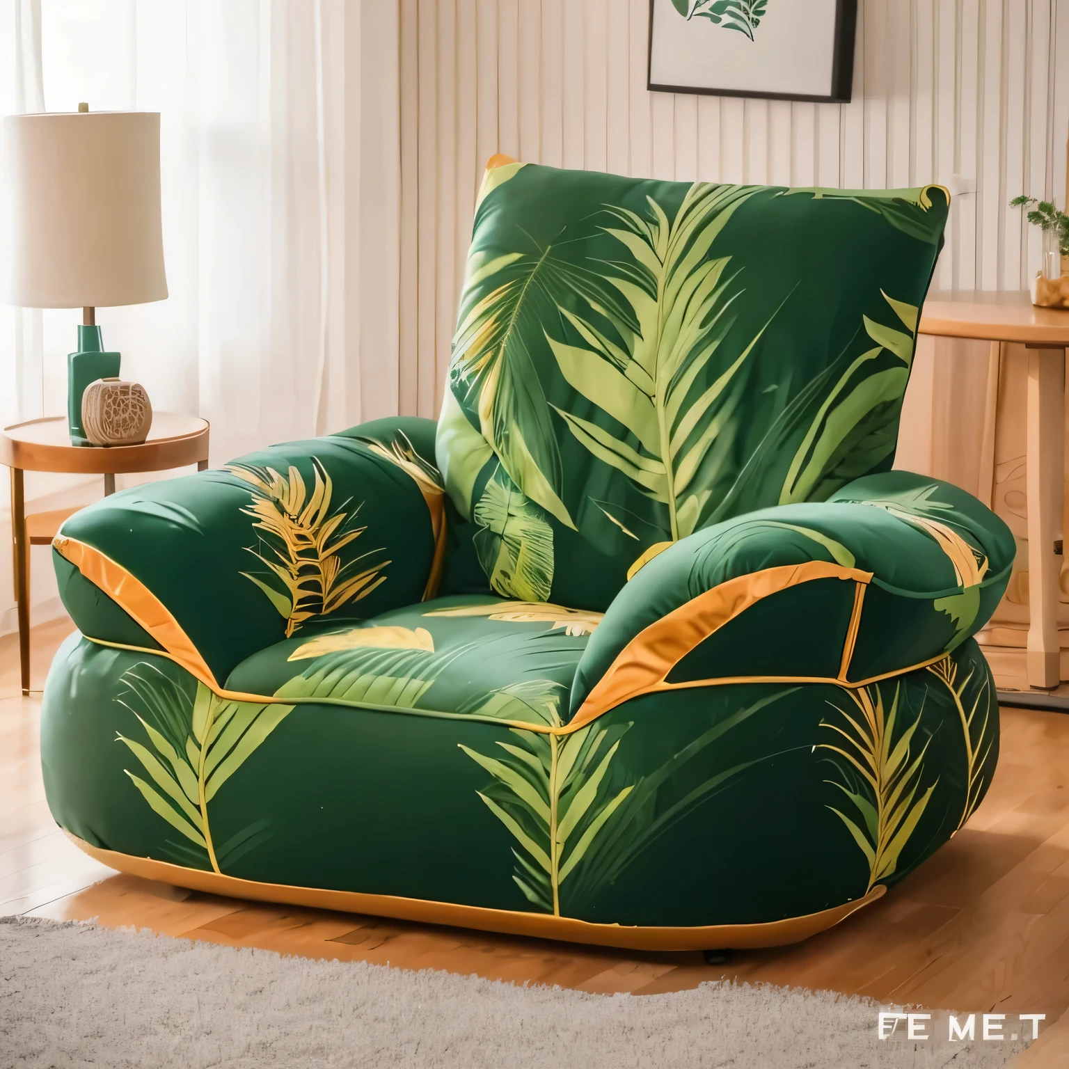 There is a green chair，some trim and green palm prints, comfortable chair, cozy arm chairs, Place in the living room, Big deal)}], an avocado armchair, 3 colors, Hours 576, Very detailed and high quality, F22, 2021, 2 0 2 1, f 2 2, placed in a Big deal living room