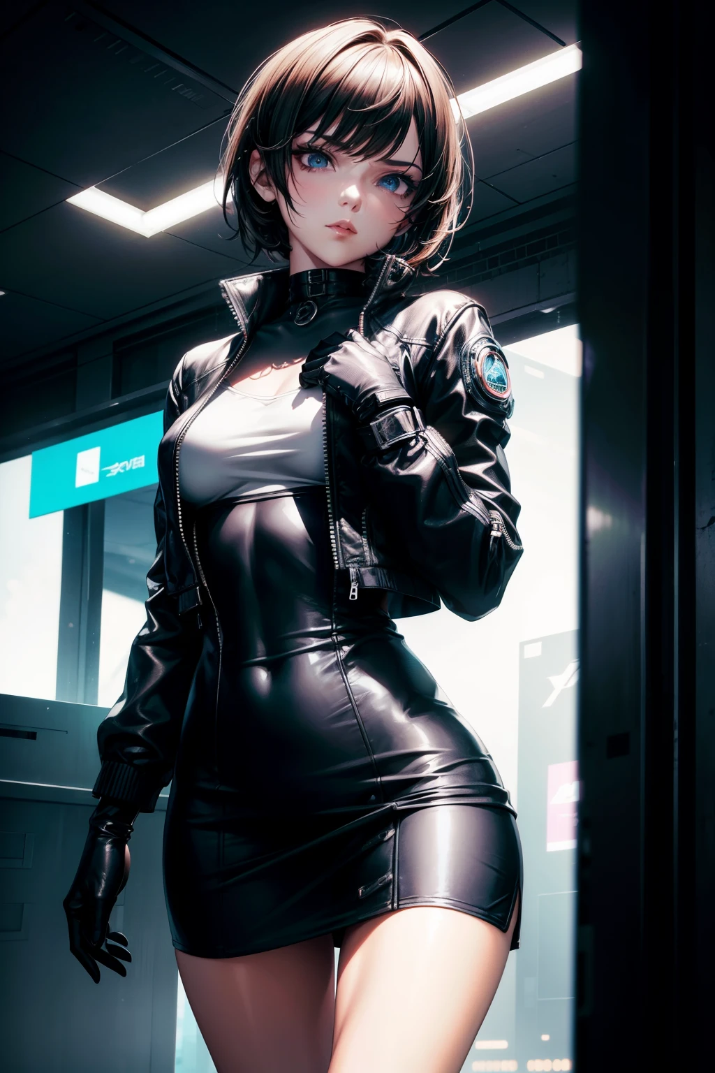 Beautiful girl wearing a top with small jacket, and one leg dress, short skirt & detailed, elegant cyberpunk tatical suit, leather gloves in action movement, sharp focus, cinematic illumination, (masterpiece), best quality, expressive eyes, perfect face