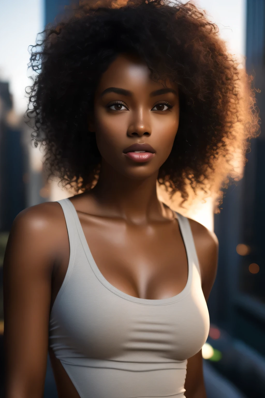 (front view) very detailed photograph of a black woman, dark skin, (with curly hair), (symmetric beautiful face) nice and well defined nose, proportioned and full lips, stunning realistic photography, fit body, cyberpunk style, realistic soft color, city background, octane render, intricately detailed, sharp focus, stunning full color, shot on DSLR camera, 32k resolution, best quality, (focus on skin texture)