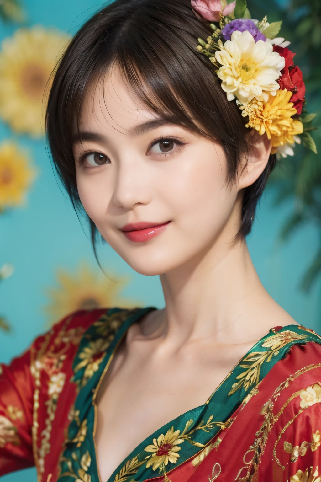 148
(20 year old woman,Floral costume), (surreal), (High resolution), ((beautiful hairstyle 46)), ((short hair:1.46)), (gentle smile), (breasted:1.1), (lipstick)
