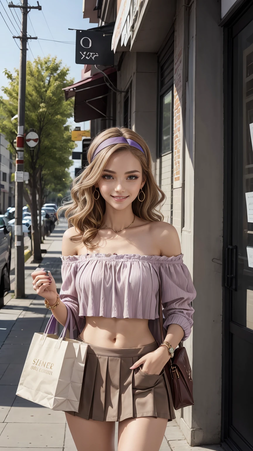 25 year old woman、Hair color is purple gradation color、eye color is brown、semi-long、hair is wavy、I&#39;m wearing eyeshadow and lipstick、I&#39;m wearing a decorated headband、accessories on wrist、Slender but well-proportioned muscular body、The navel is visible、She is wearing a luxurious off-the-shoulder blouse with frills.、chest pocket、She is wearing a luxurious mini pleated skirt with low rises.、smile、I&#39;m carrying a large paper bag over my shoulder containing clothes I bought at a boutique.、smile