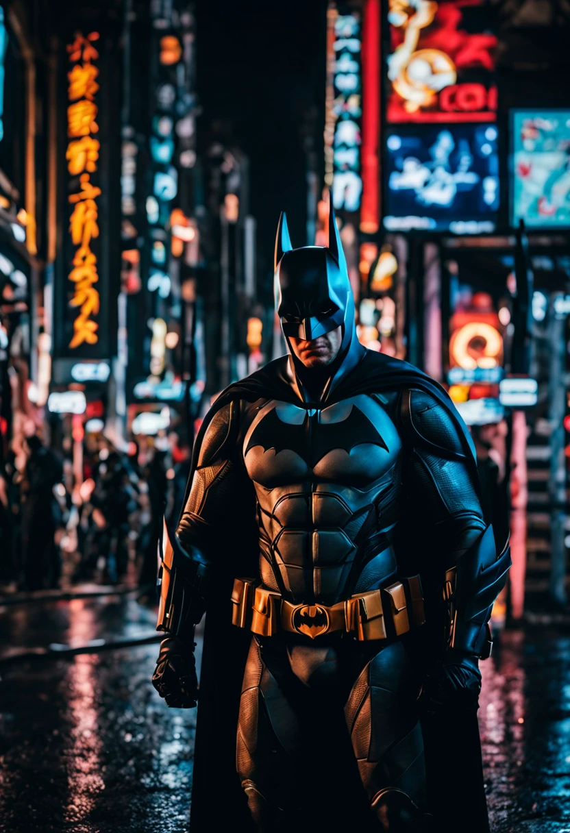 Batman en las calles de tokio en la noche, luces de neon, maximos detalles, ultra realista, maximum expression texture, estilo ridley scott,hollywood, mega epico, iluminacion perfecta, sombras perfectas, obra Maestra, 8k,maximo impacto, dark.