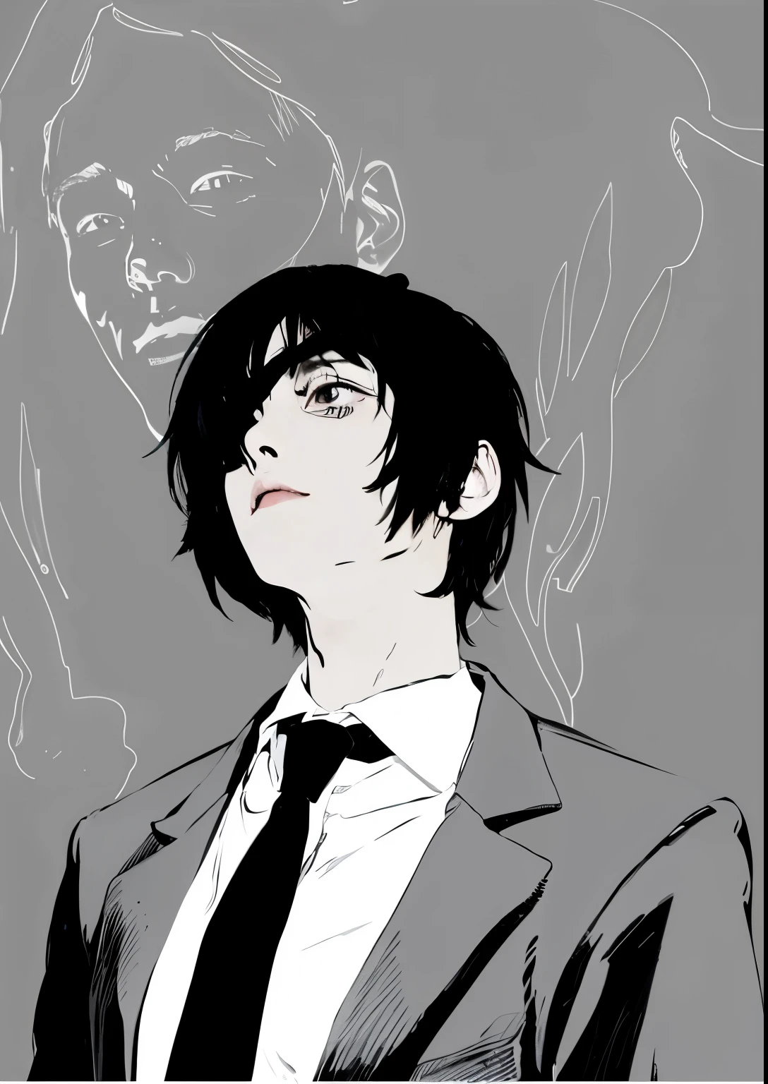 Male black hair in suit with gray eyes and white nails on his right arm